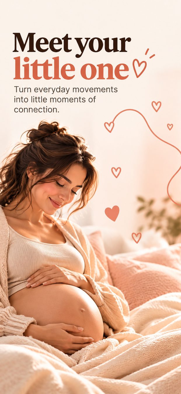 A pregnant woman smiling down at her belly in soft light, with hand-drawn hearts around the headline