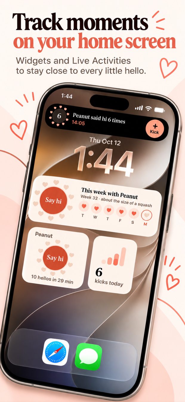 Lock Screen with a Live Activity showing 6 movements and a + Kick button, plus Say hi, week row and kicks today widgets