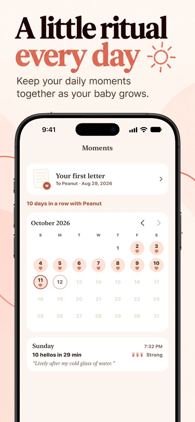Moments screen with a first letter card, a 10-day streak and an October calendar of hearts on counted days