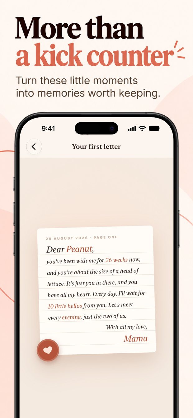 First letter to the baby dated 29 August 2026, handwritten-style on lined paper with a heart seal