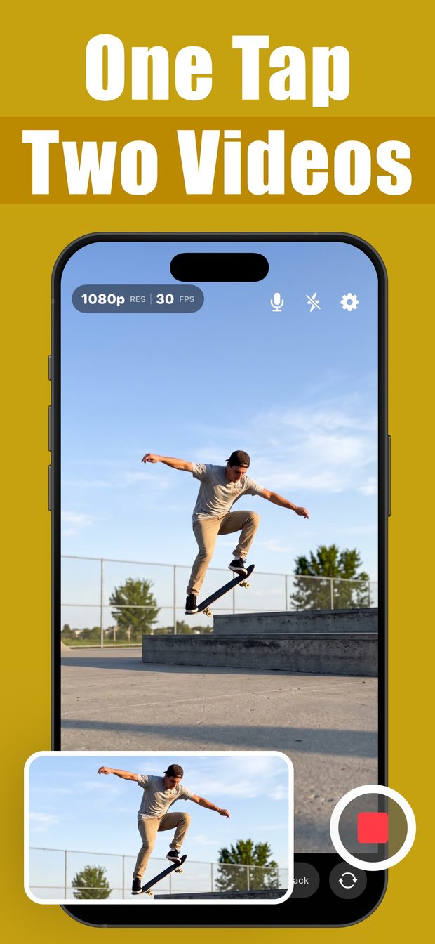 Dual Camera recording a skateboarder at 1080p 30 fps, with a landscape preview of the same shot in a bottom-left inset