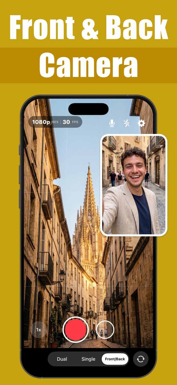 Front/Back mode: the back camera films a cathedral street while the front-camera selfie sits in a picture-in-picture inset