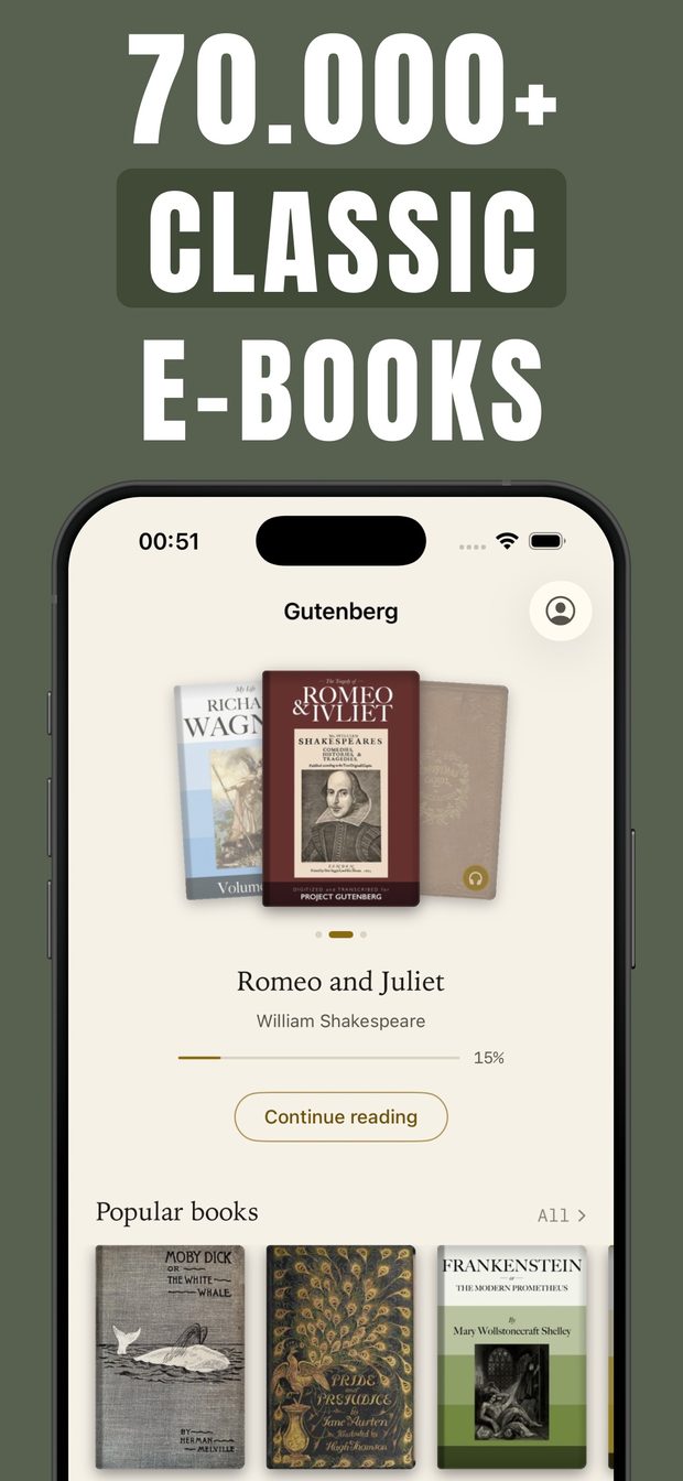 Gutenberg home screen with Romeo and Juliet at 15% progress, a Continue reading button and a Popular books row