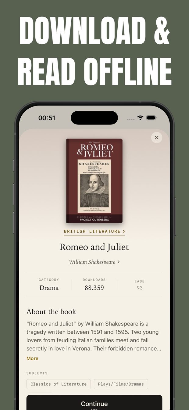 Book detail page for Romeo and Juliet showing category, download count, reading-ease score, summary and subject tags