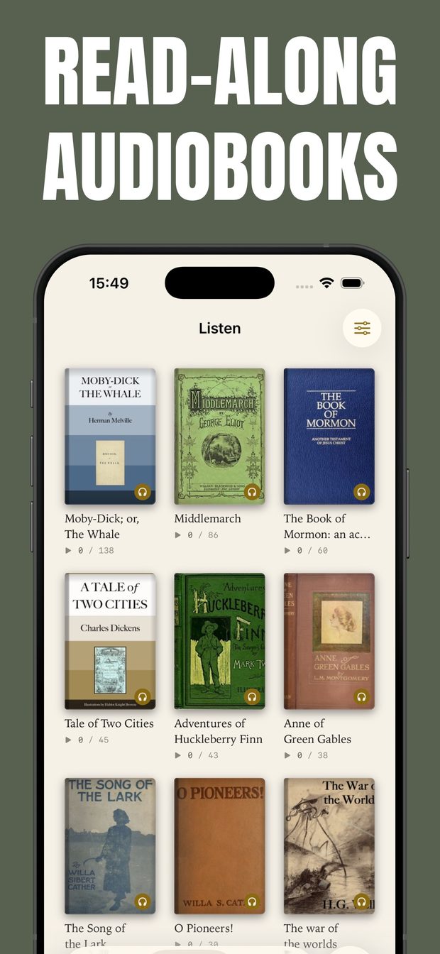 Listen tab: a grid of read-along audiobooks with headphone badges and progress counters, including Moby-Dick and Middlemarch