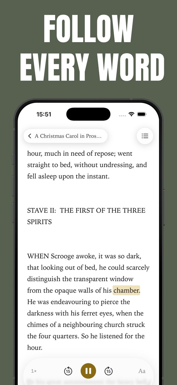Reader playing A Christmas Carol read-along with the current word highlighted and 1x speed, 15-second skip and pause controls