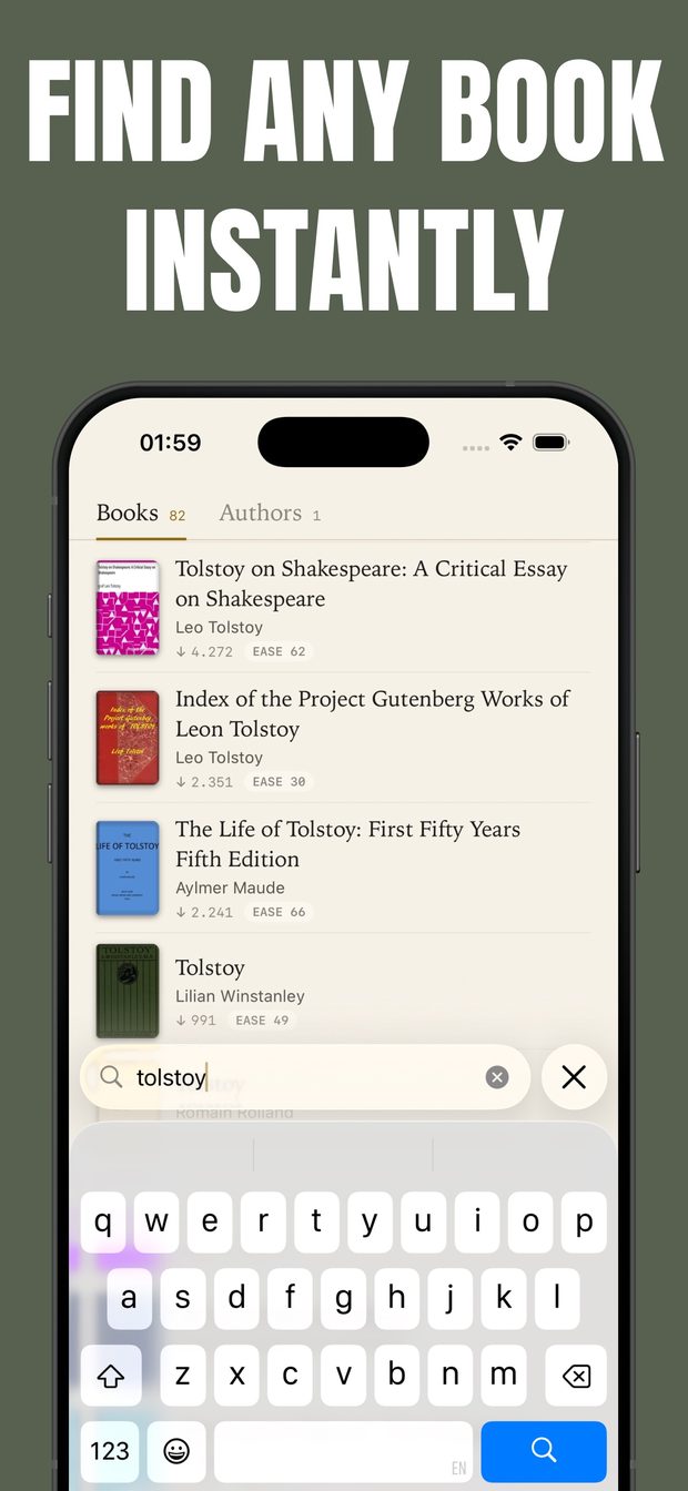 Search results for 'tolstoy' listing 82 books and 1 author, each with a download count and reading-ease score