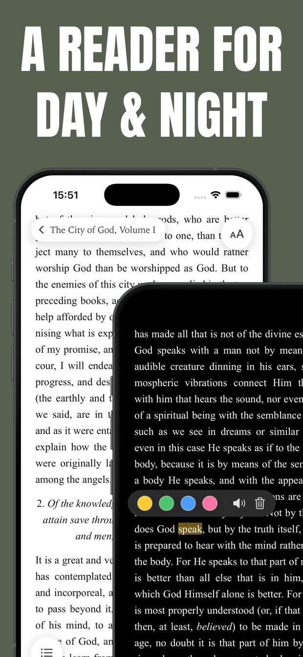Reader in light and dark themes, with the four-color highlight picker open on a selected word in The City of God