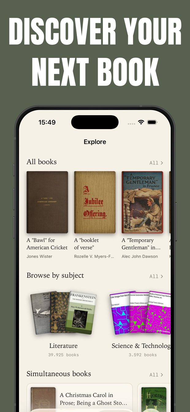 Explore tab with an All books row, Browse by subject cards for Literature and Science, and a Simultaneous books shelf