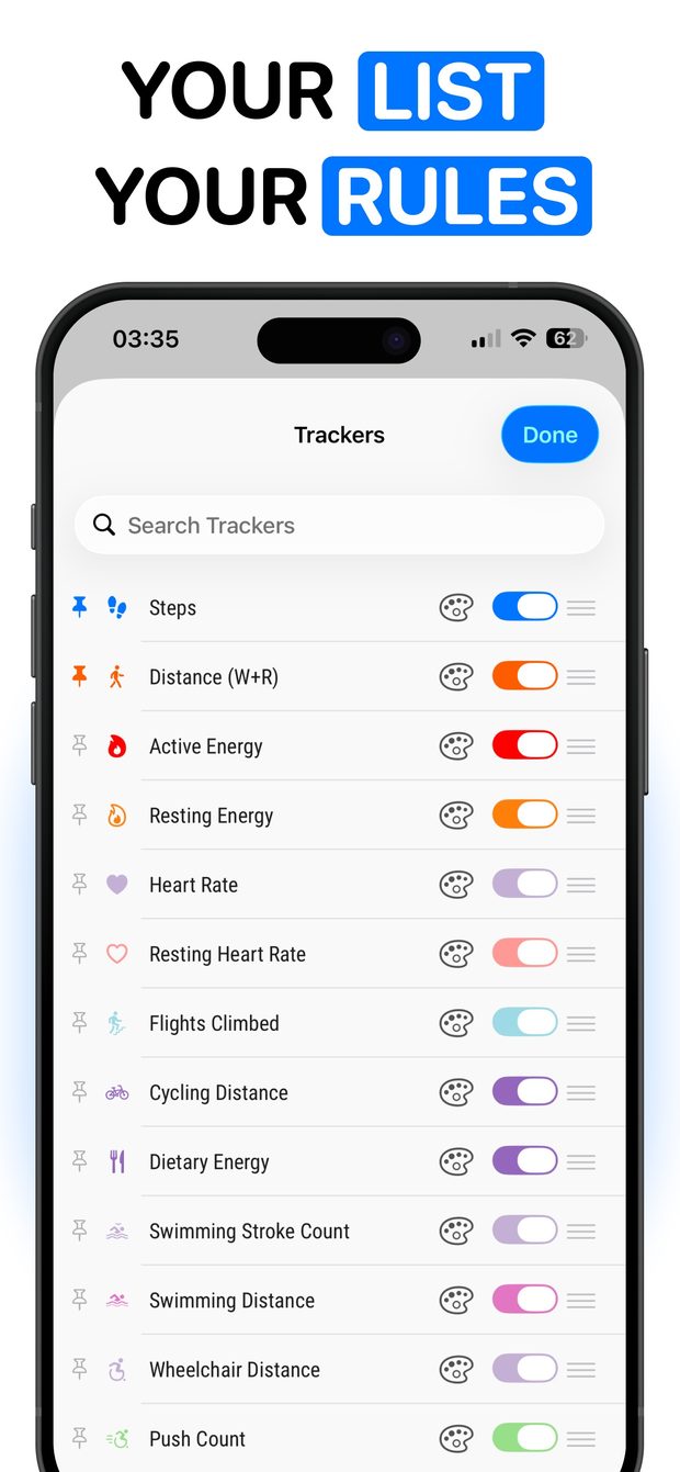 Trackers list with pin icons, palette buttons and colored on/off toggles for steps, heart rate, cycling and swimming metrics