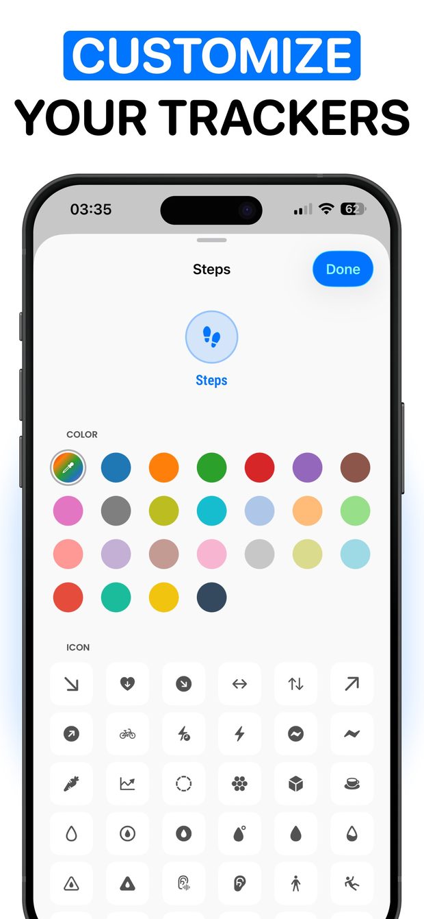 Customize sheet for the Steps metric showing a grid of color swatches and a grid of alternative icons to choose from