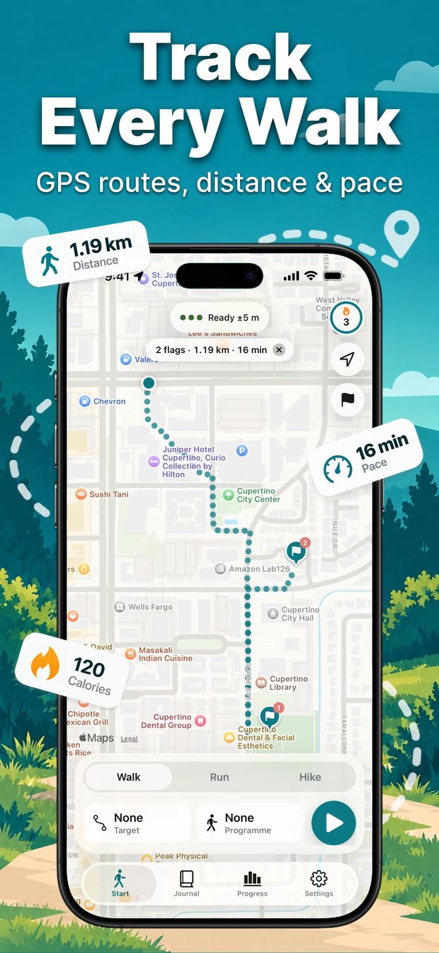 Start screen with a two-flag planned route of 1.19 km and 16 minutes on the map, Walk, Run and Hike tabs and a start button