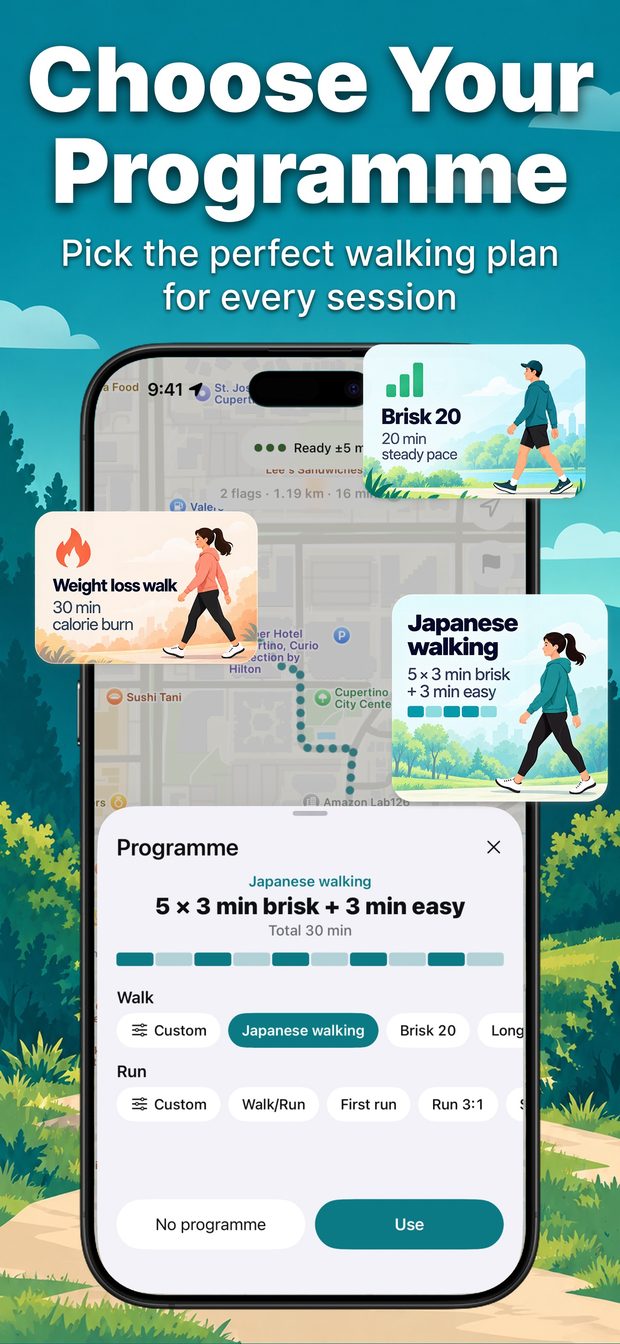 Programme sheet with Japanese walking selected: 5 x 3 min brisk plus 3 min easy, 30 minutes total, beside other plan cards