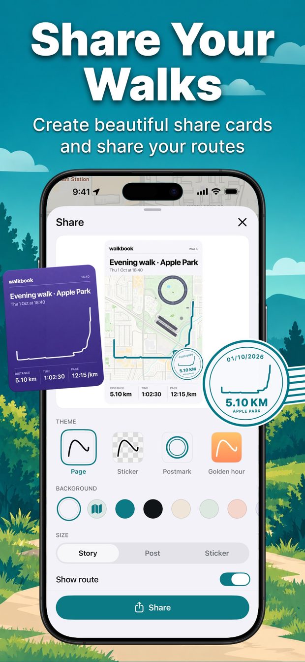 Share sheet previewing an Evening walk route card with theme, background and size options, including Story, Post and Sticker