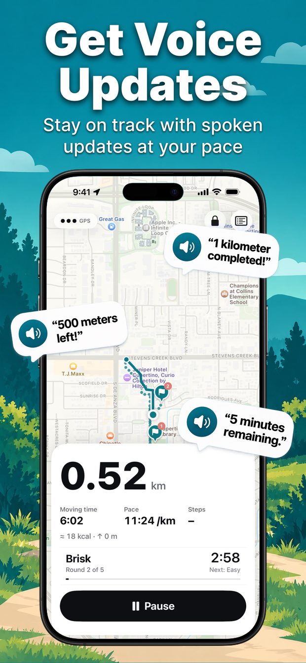 Live recording at 0.52 km on the map with a Brisk phase, round 2 of 5, countdown, and spoken-update bubbles around the phone