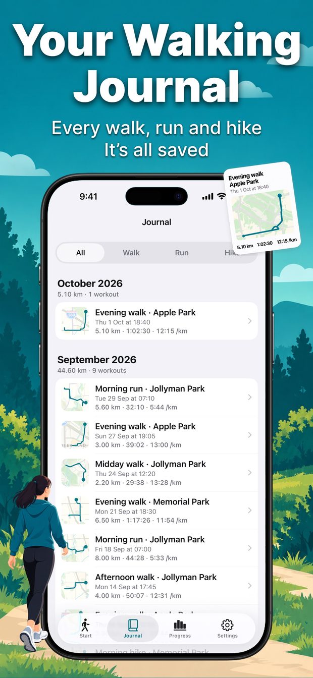 Journal tab listing walks and runs by month with a route thumbnail, distance, time and pace for each entry