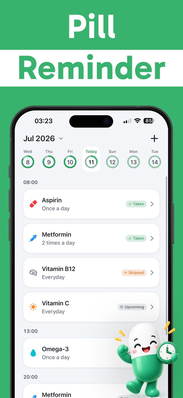 Pill Reminder home screen for July 2026 listing Aspirin, Metformin and vitamin doses by time with Taken and Skipped tags