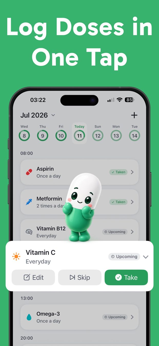 Expanded Vitamin C dose card with Edit, Skip and Take buttons, showing one-tap logging from the today list