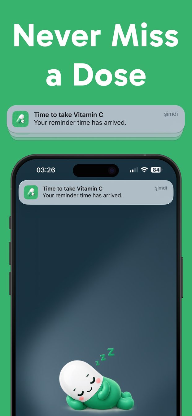 iPhone notification banner reading 'Time to take Vitamin C' over a dark wallpaper, with the app's capsule mascot asleep below