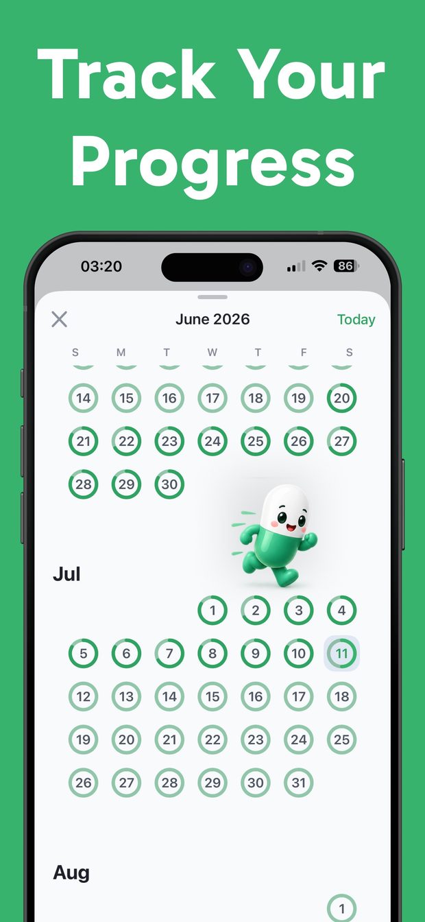 Month calendar for June and July 2026 with a progress ring on every day showing how many doses were logged