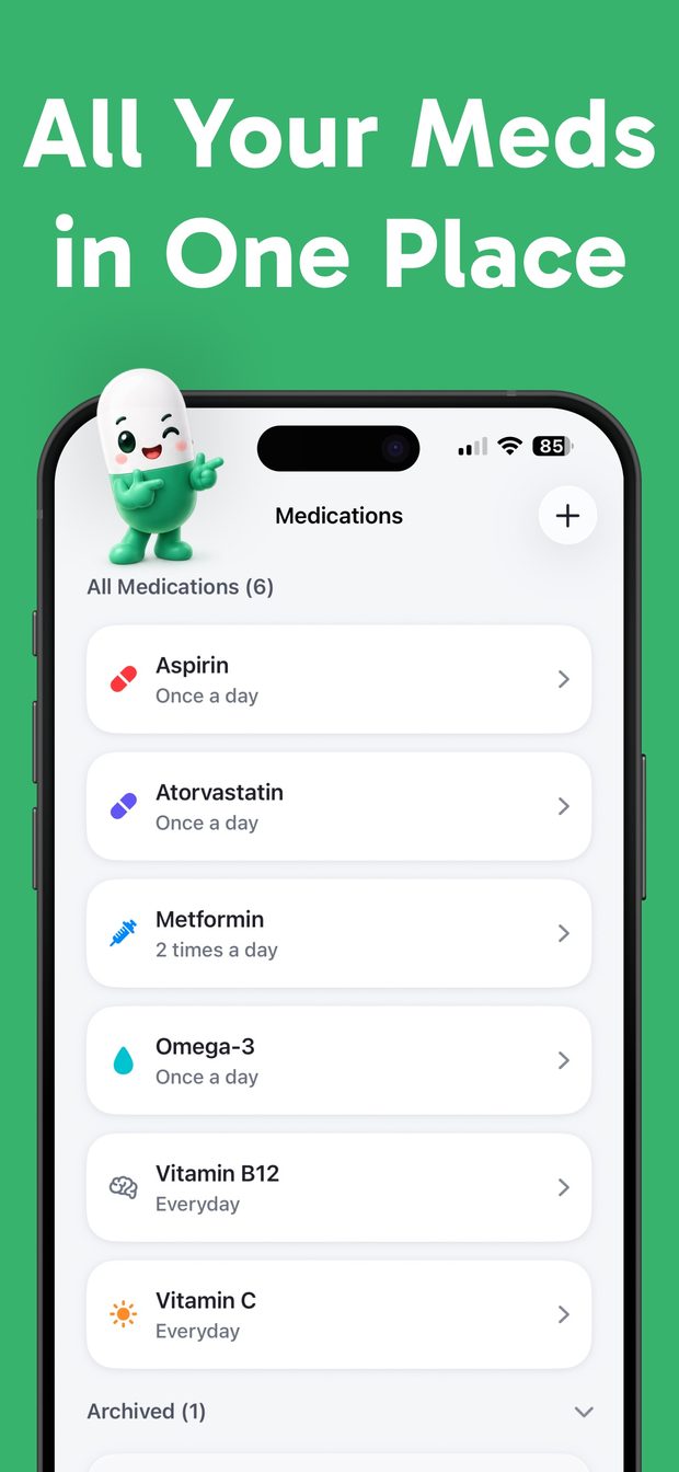 Medications list with six entries, each showing its icon, name and frequency, plus an Archived section