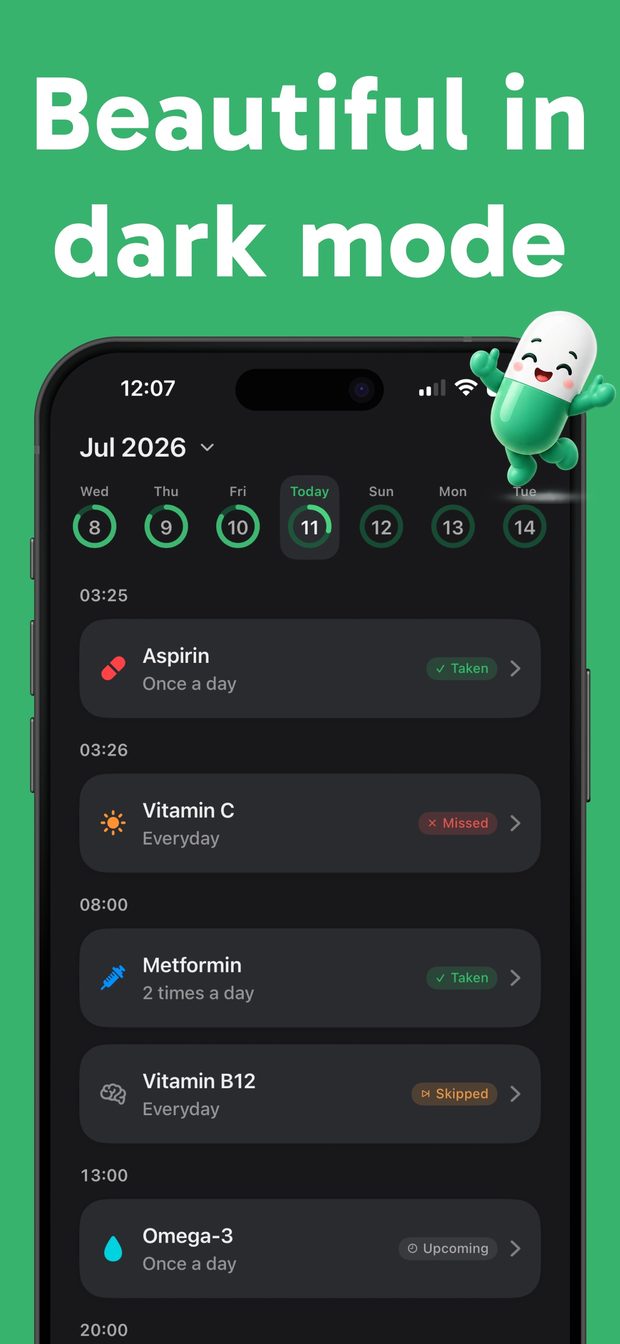 Today list in dark mode with a dose marked Missed in red alongside Taken, Skipped and Upcoming statuses