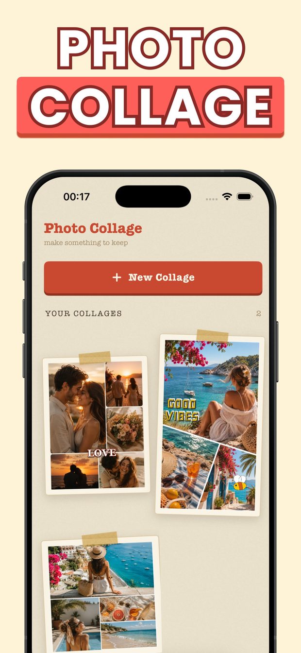 Retro Collage home screen: New Collage button and saved collages pinned with tape, including a LOVE grid and a beach page