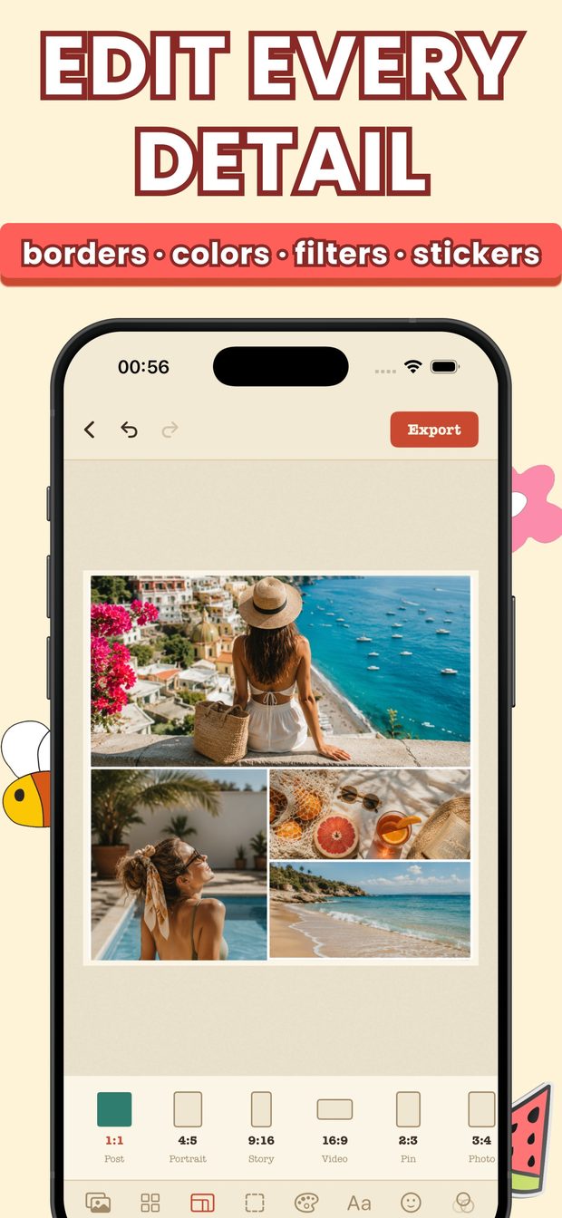 Collage editor with a four-photo beach layout, Export button and size picker tabs from 1:1 Post to 3:4 Photo