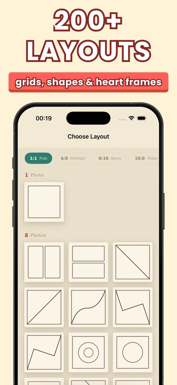 Choose Layout screen with size tabs and layouts grouped by photo count, including split, diagonal, curved and circle frames