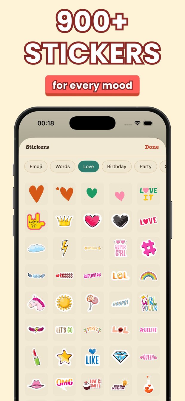 Sticker sheet with Emoji, Words, Love, Birthday and Party tabs showing hearts, crowns, rainbows and GIRL POWER word stickers