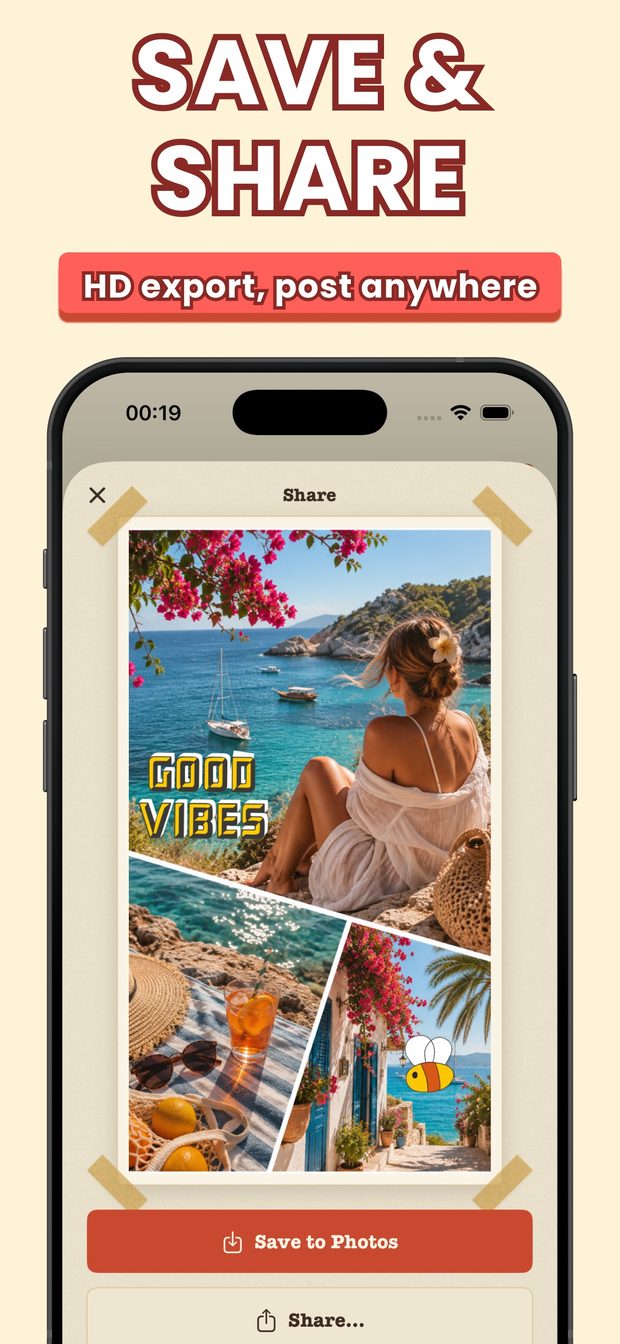 Share screen previewing a finished GOOD VIBES beach collage with Save to Photos and Share buttons below it