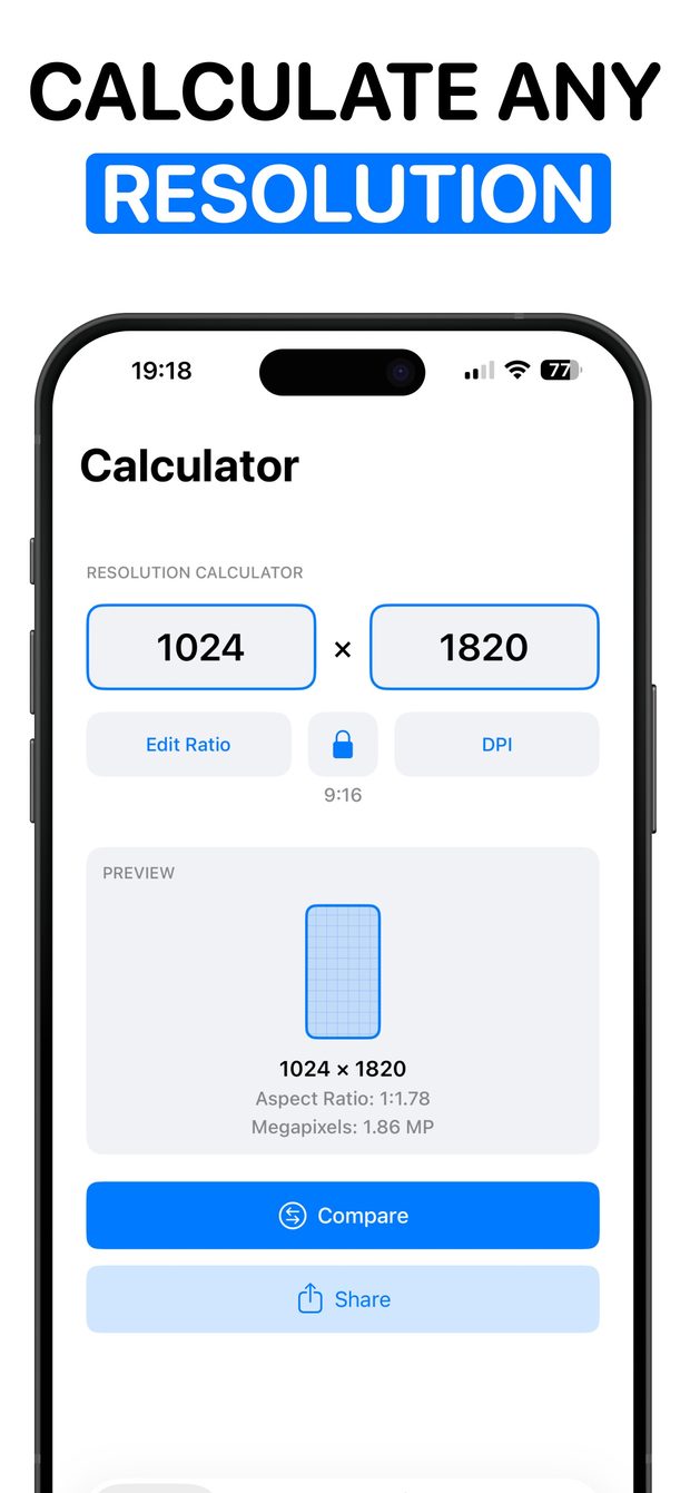 Screen Specs calculator with 1024 × 1820 entered, 9:16 ratio locked, and a preview showing aspect ratio 1:1.78 and 1.86 MP