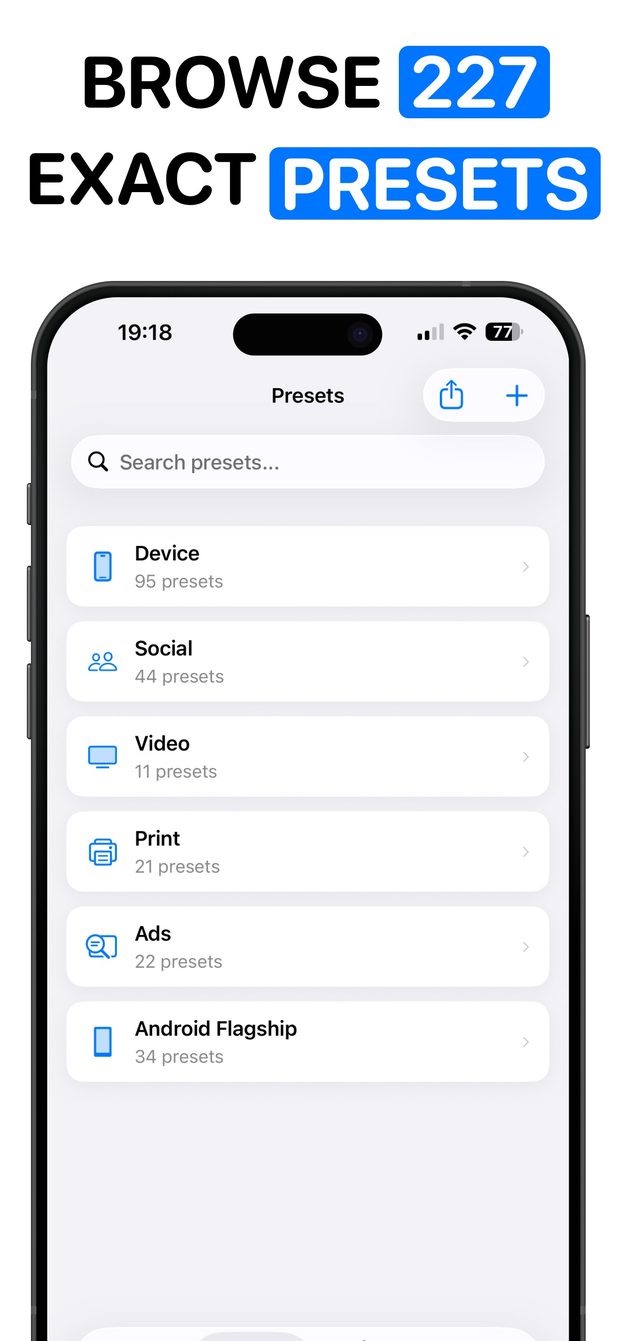 Presets list with six categories: Device 95, Social 44, Video 11, Print 21, Ads 22, Android Flagship 34, and a search field