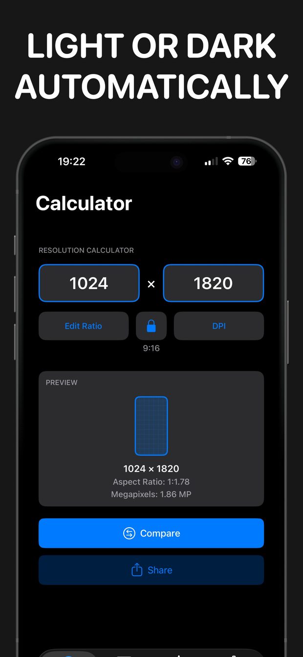 The resolution calculator in dark mode with the same 1024 × 1820 values entered and Compare and Share buttons