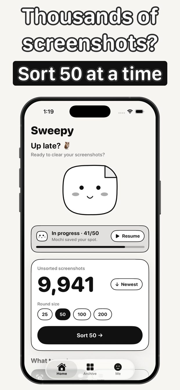 Sweepy home screen with 9,941 unsorted screenshots, round sizes 25, 50, 100 and 200, and a round in progress at 41 of 50
