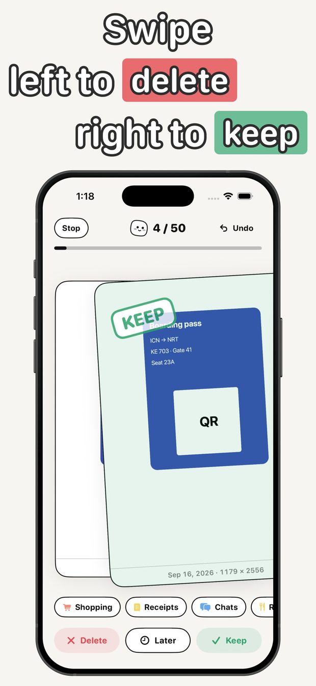 Sorting card being swiped right to Keep, with Delete, Later and Keep buttons and folder chips below