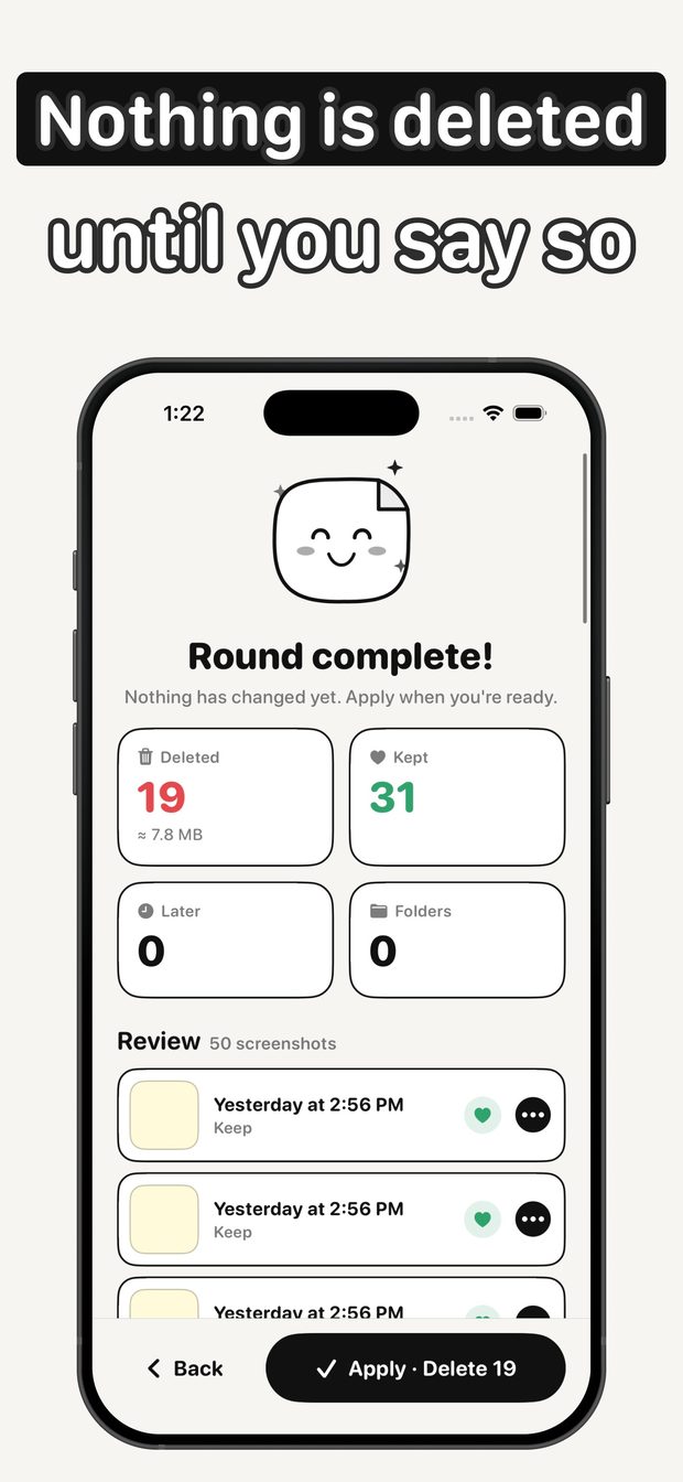 Round complete summary: 19 deleted, 31 kept, a review list of the round and an Apply Delete 19 button