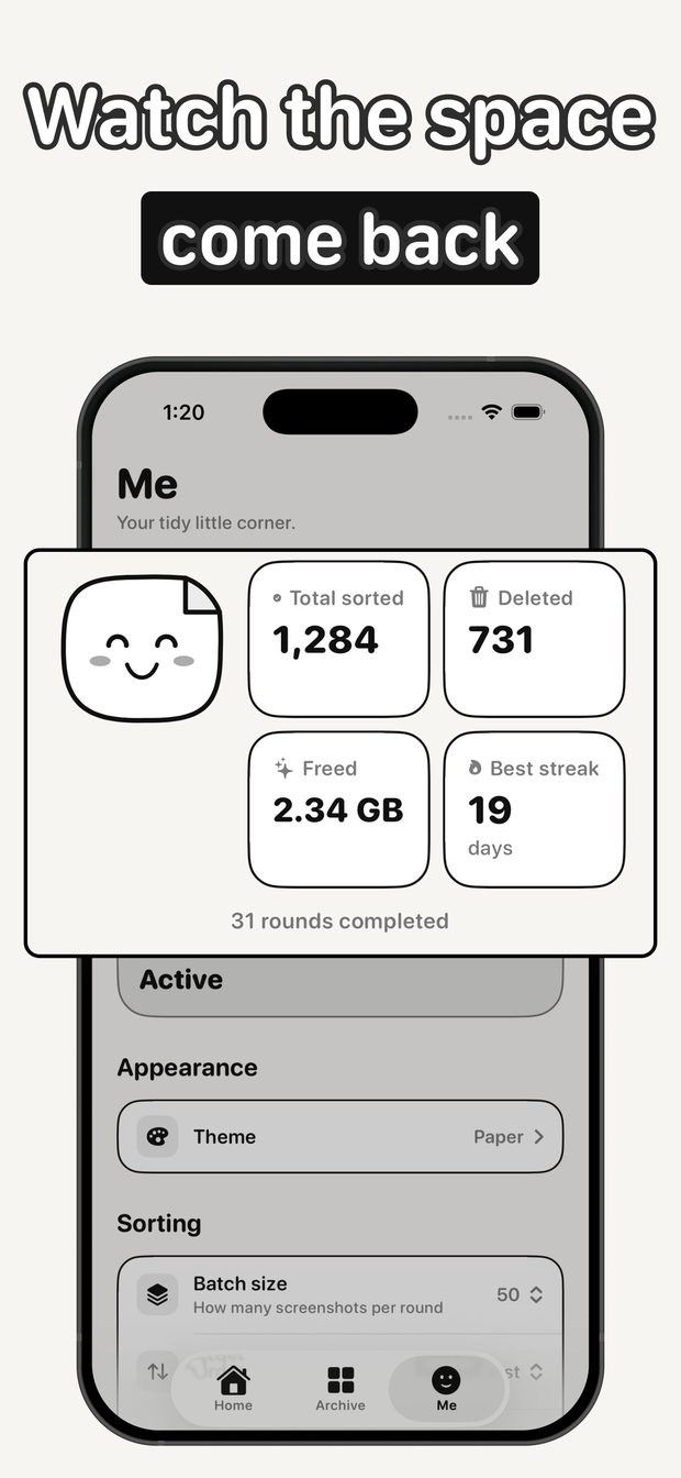 Me tab stats showing 1,284 screenshots sorted, 731 deleted, 2.34 GB freed and a best streak of 19 days