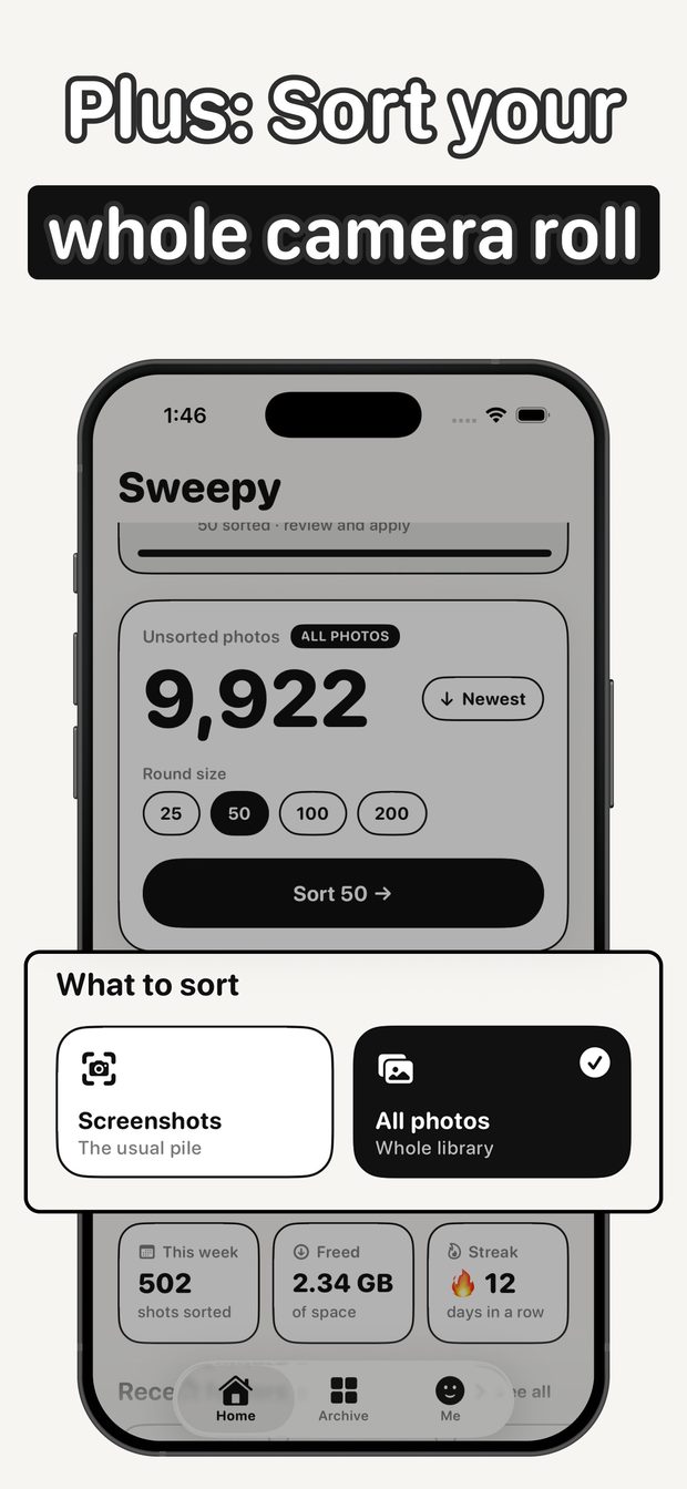 What to sort sheet with Screenshots and All photos options over a camera roll of 9,922 unsorted photos
