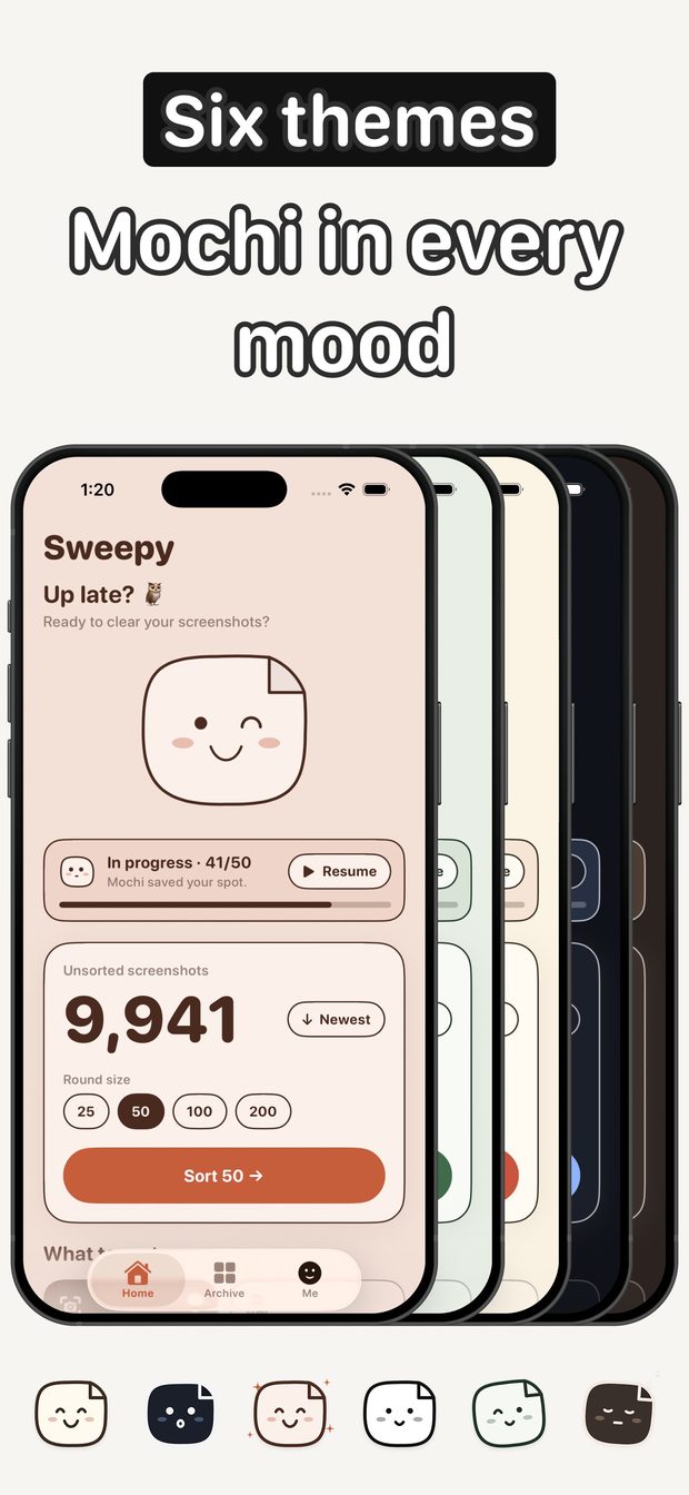 The home screen shown in several of the six colour themes, with Mochi's faces in different moods