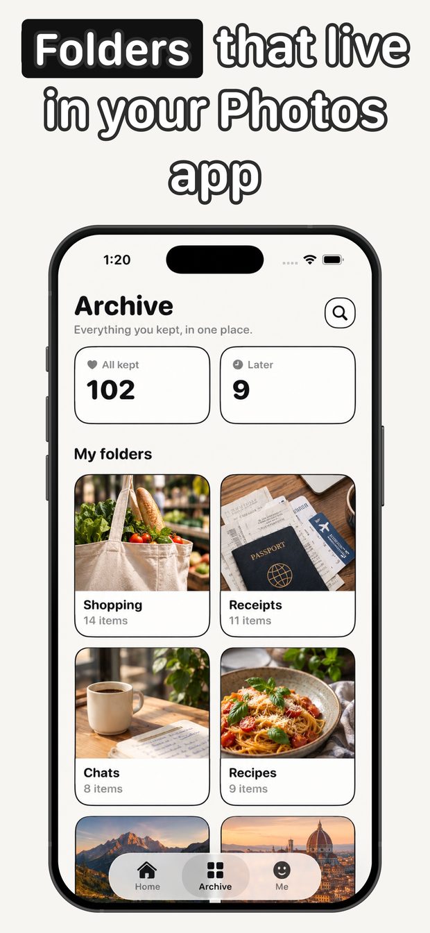 Archive tab with All kept and Later counts and folders for Shopping, Receipts, Chats and Recipes