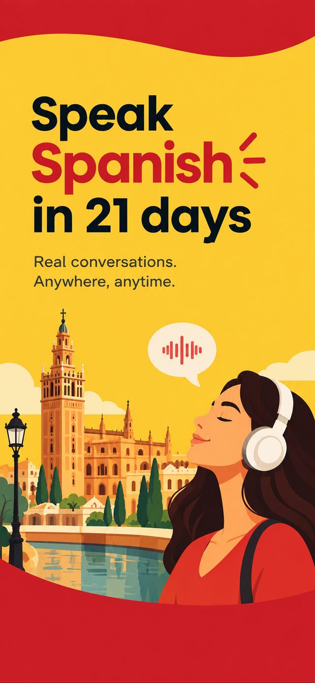 Spanish Conversation Practice cover art: woman in headphones by a Spanish cathedral tower, with an audio-wave speech bubble