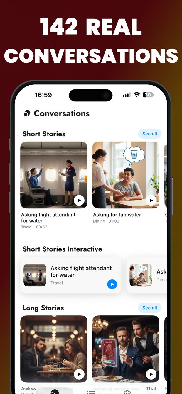 Conversations home screen: Short Stories cards (flight attendant, tap water), Short Stories Interactive row and Long Stories
