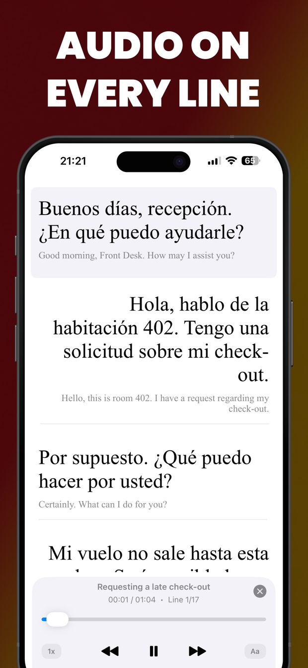 Late check-out dialogue: Spanish lines with English translation under each, player at Line 1/17 with 1x speed and Aa buttons