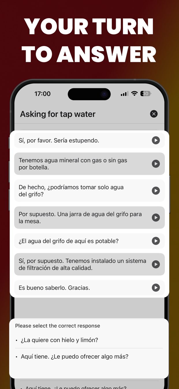 Interactive mode for “Asking for tap water”: dialogue lines with play buttons and a prompt to select the correct response