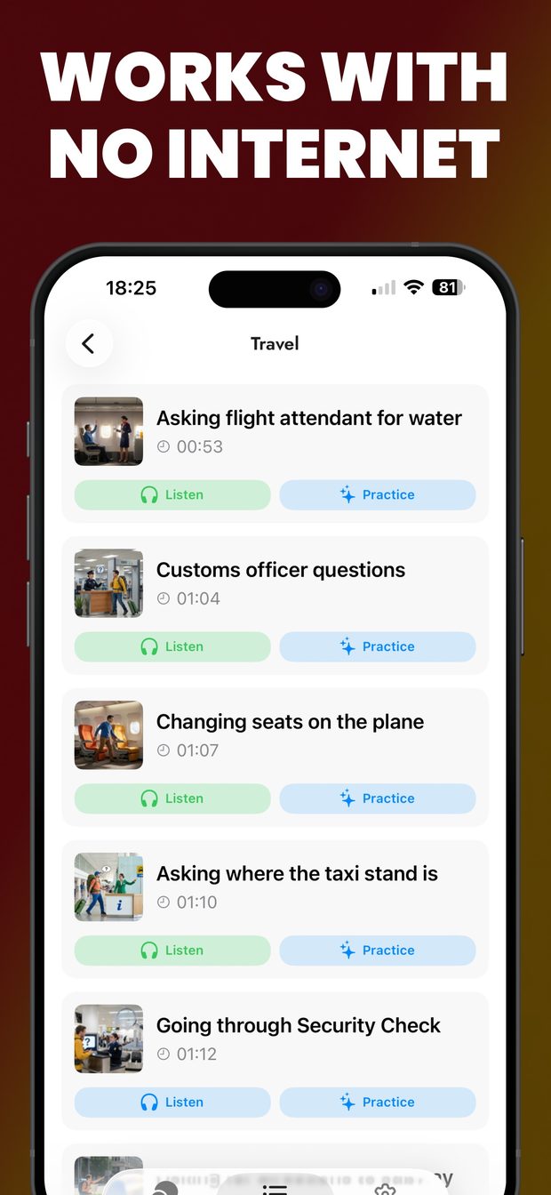 Travel list: flight attendant, customs, changing seats, taxi stand and security dialogues, each with Listen and Practice