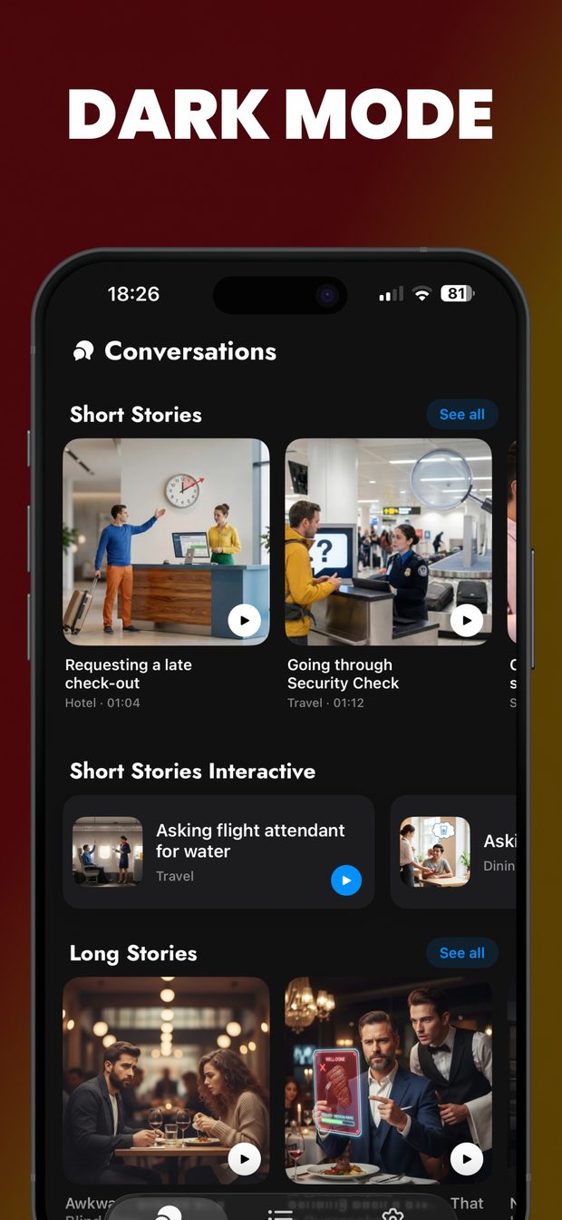 Conversations home screen in dark mode showing late check-out and security check story cards and the interactive row