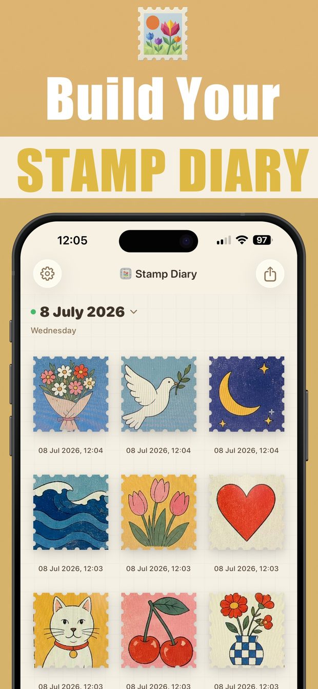 Stamp Diary page for 8 July 2026 showing a 3-by-3 grid of illustrated stamps, each labelled with its capture date and time