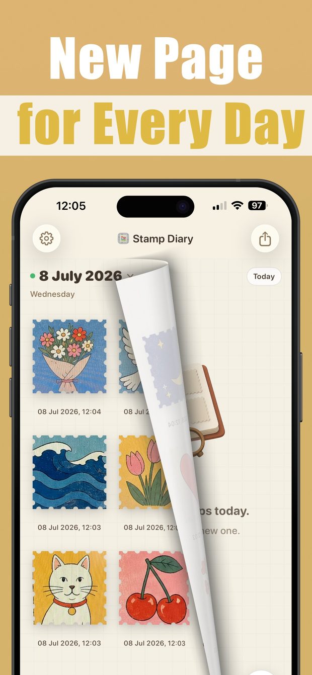 Page-flip animation from a filled day to a new empty page, with a Today button and a note that there are no stamps yet