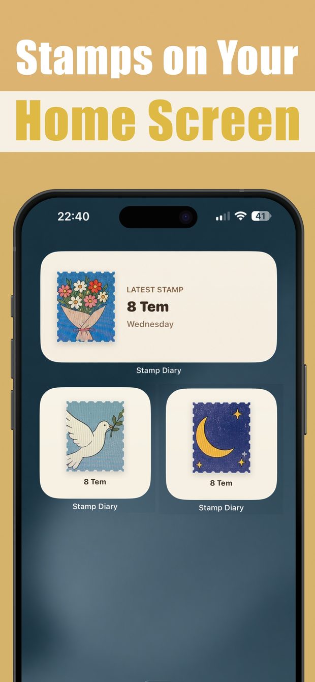 iPhone Home Screen with a medium 'Latest Stamp' widget and two small widgets, each showing one stamp and its date